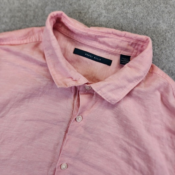 Perry Ellis Mens XXL 2XL Linen Blend Button Front Shirt Pink Roll Tab Casual - Picture 1 of 7